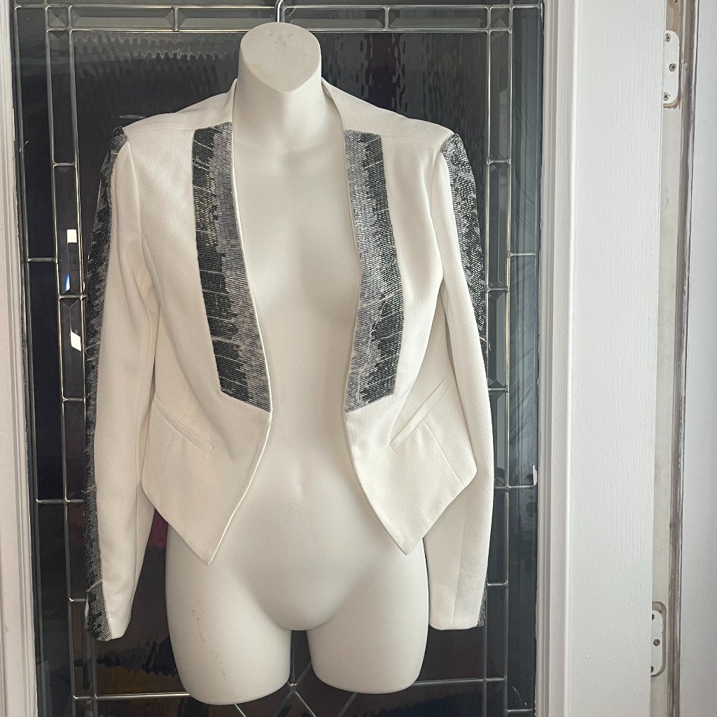 Ramy Brook Bead Crop Jacket Silk Line Open Front Long Sleeve White Size 0